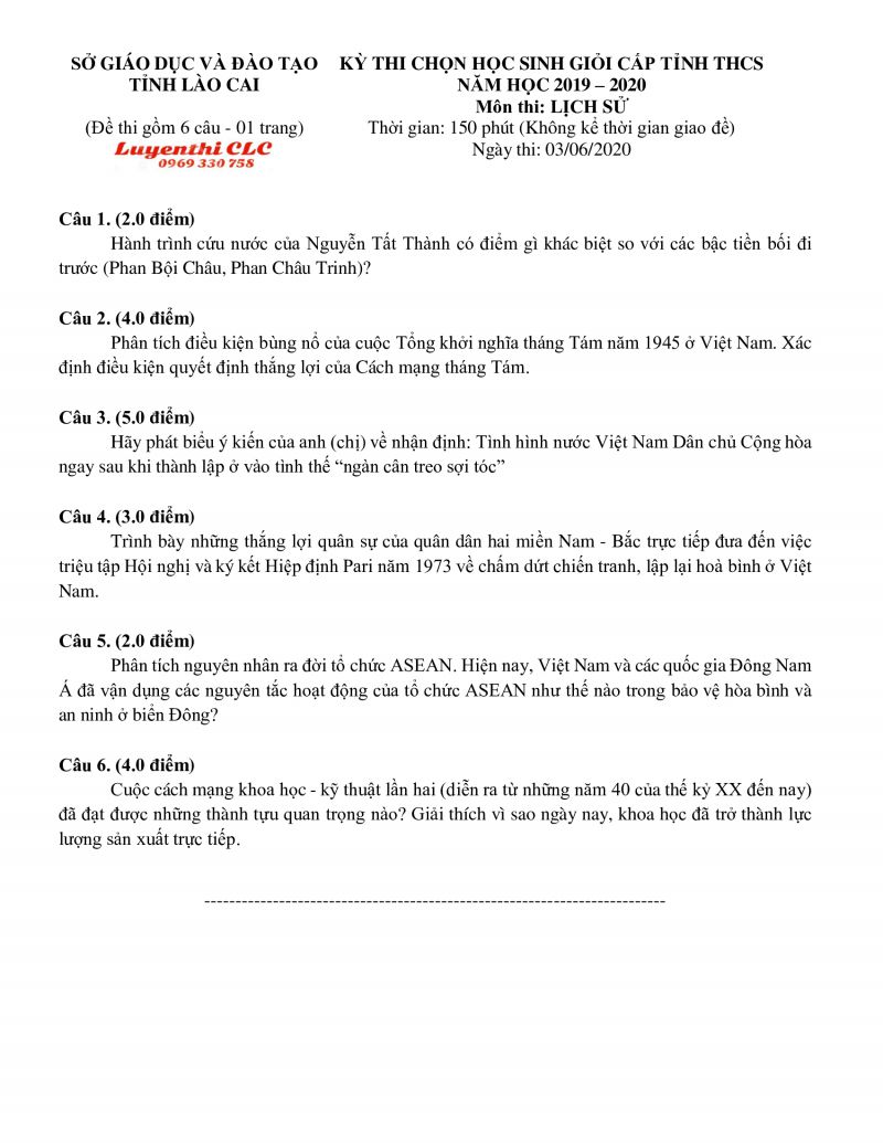 Đề thi chọn HSG môn Ngữ Văn lớp 9 THCS tỉnh Lào Cai năm 2020