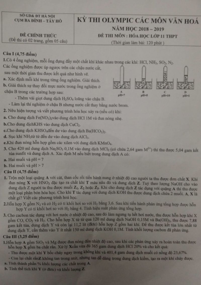 Đề thi Olympic môn Hóa Học lớp 11 THPT cụm Ba Đình - Tây Hồ, Hà Nội năm 2019
