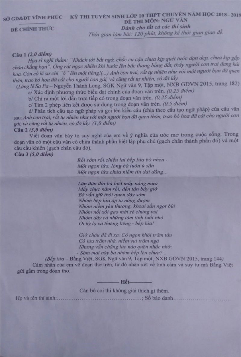Đề thi tuyển sinh vào lớp 10 THPT CHUYÊN môn Ngữ Văn tỉnh Vĩnh Phúc năm 2018