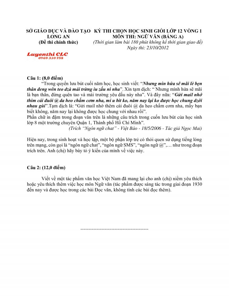 Đề thi chọn HSG môn Ngữ Văn lớp 12 - Bảng A tỉnh Long An năm 2012