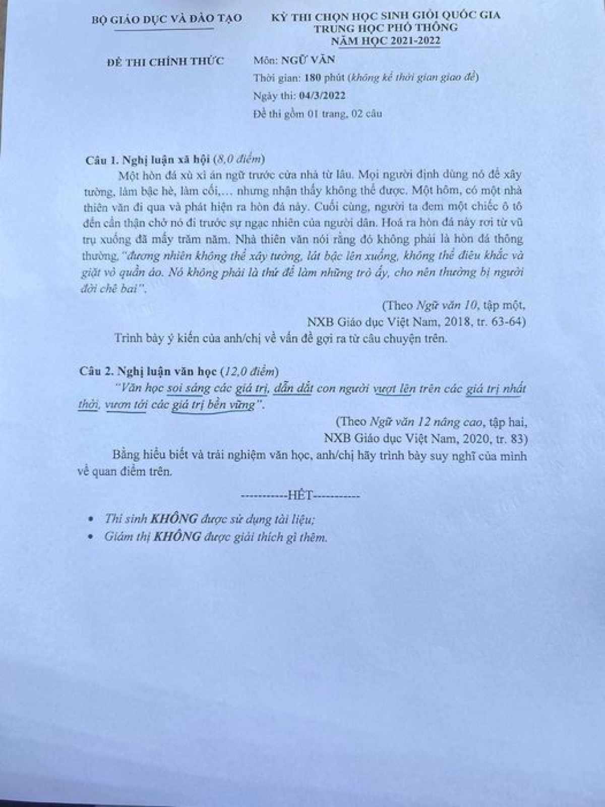 Đề thi chọn HSG Quốc Gia m&ocirc;n Ngữ Văn THPT năm 2022