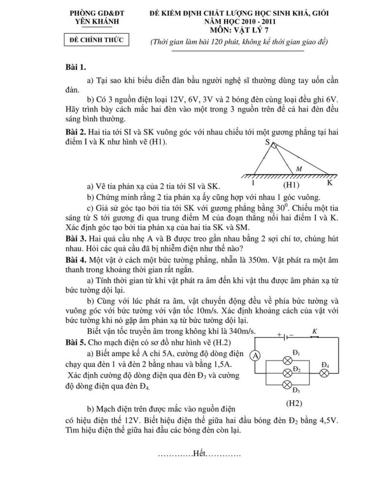 Đề kiểm định chất lượng học sinh khá, giỏi và đáp án môn Vật lý 7, huyện Yên Khánh, Ninh Bình năm 2010