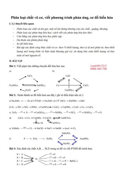 Phân loại chất vô cơ, viết phương trình phản ứng, sơ đồ biến hóa