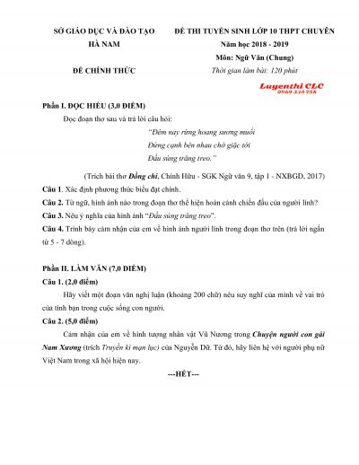 Đề thi tuyển sinh vào lớp 10 THPT CHUYÊN môn Ngữ Văn tỉnh Hà Nam năm 2019