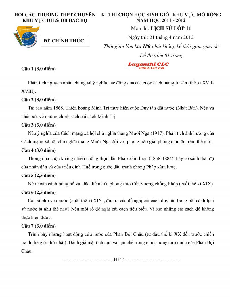 Đề thi chọn HSG môn Lịch Sử lớp 11 các Trường THPT CHUYÊN khu vực DH &amp; ĐB Bắc Bộ năm 2011