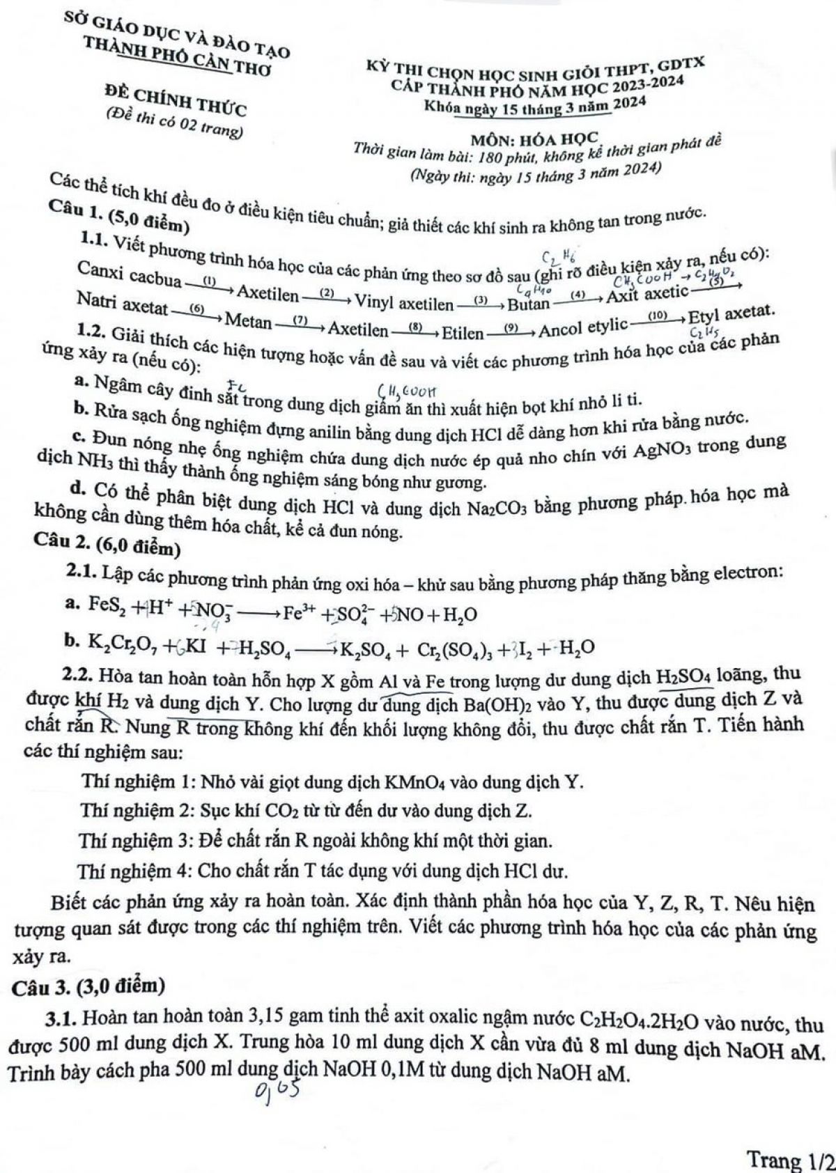 Đề thi chọn HSGTHPT môn Hóa Thành phố Cần Thơ năm 2024
