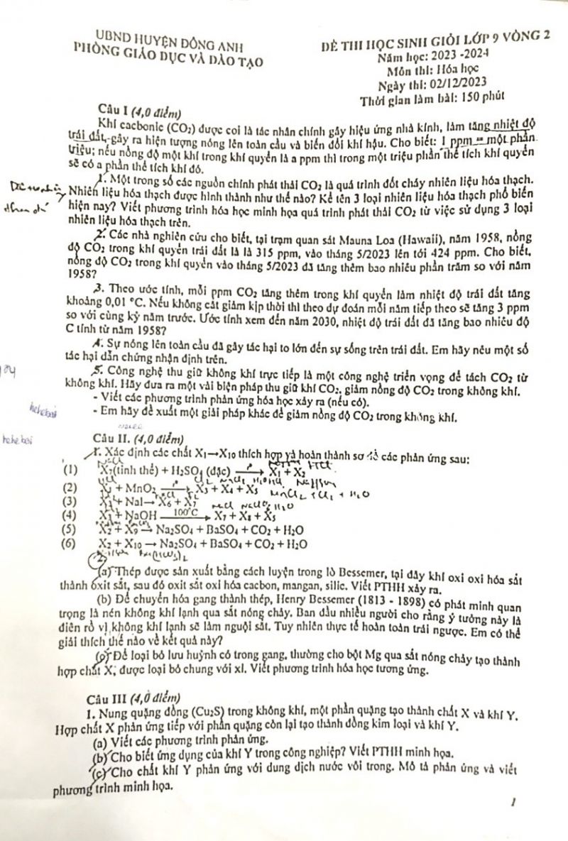 Đề thi chọn HSG m&ocirc;n H&oacute;a Học lớp 9 v&ograve;ng 2 huyện Đ&ocirc;ng Anh, H&agrave; Nội năm 2023