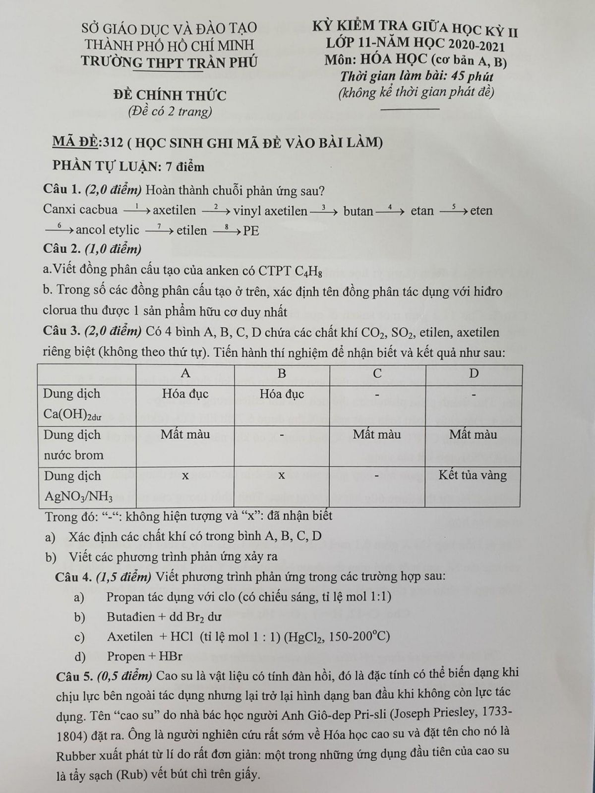 Đề kiểm tra giữa học kì II môn Hóa Học lớp 11 Trường THPT Trần Phú, Thành phố Hồ Chí Minh năm 2021