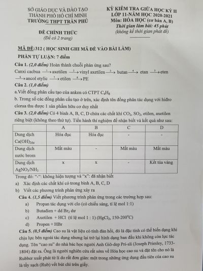 Đề kiểm tra giữa học kì II môn Hóa Học lớp 11 Trường THPT Trần Phú, Thành phố Hồ Chí Minh năm 2021