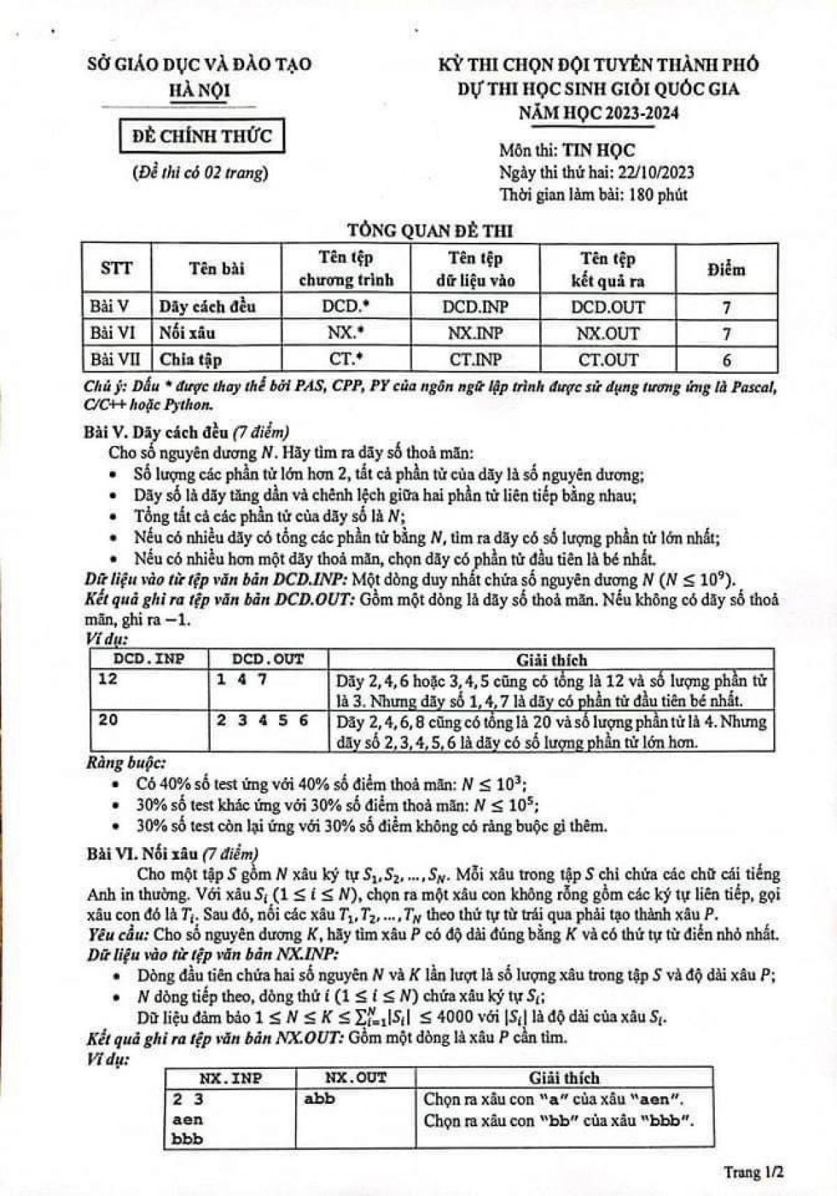 Đề thi chọn đội tuyển dự thi HSG Quốc Gia m&ocirc;n Tin học tại H&agrave; Nội năm 2023