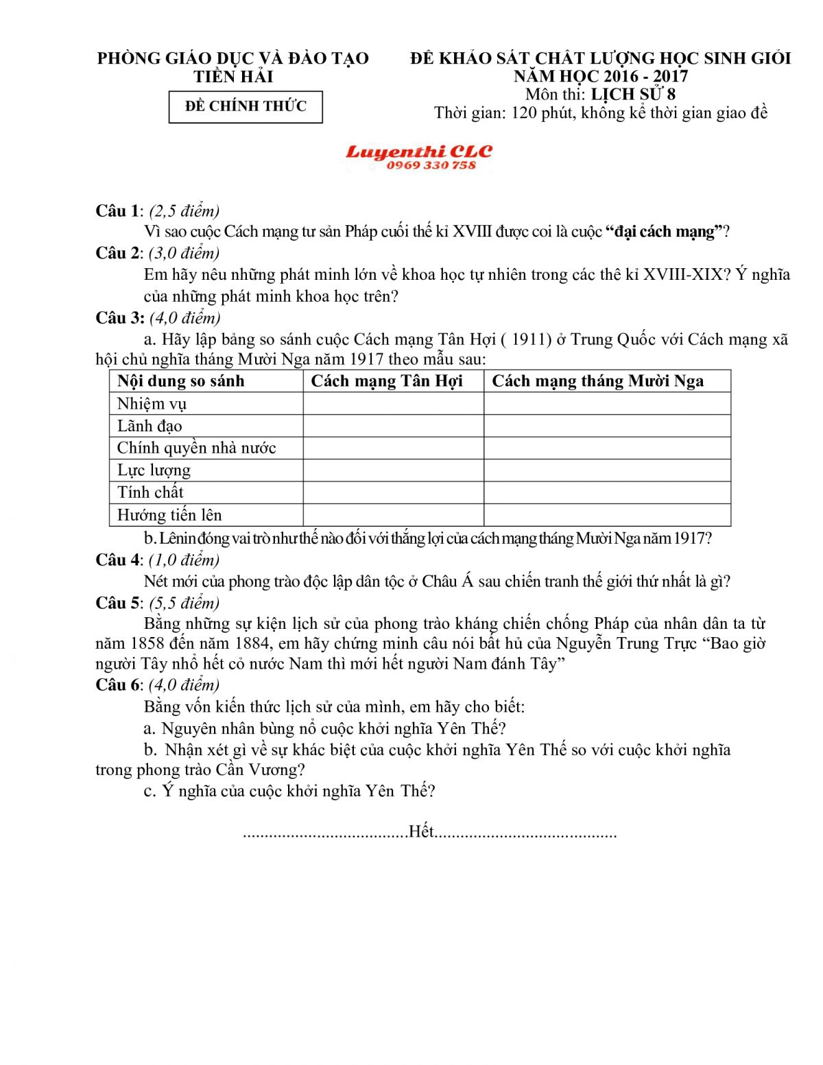 Đề khảo s&aacute;t chất lượng HSG v&agrave; đ&aacute;p &aacute;n m&ocirc;n Lịch Sử lớp 8 huyện Tiền Hải tỉnh Th&aacute;i B&igrave;nh năm 2016