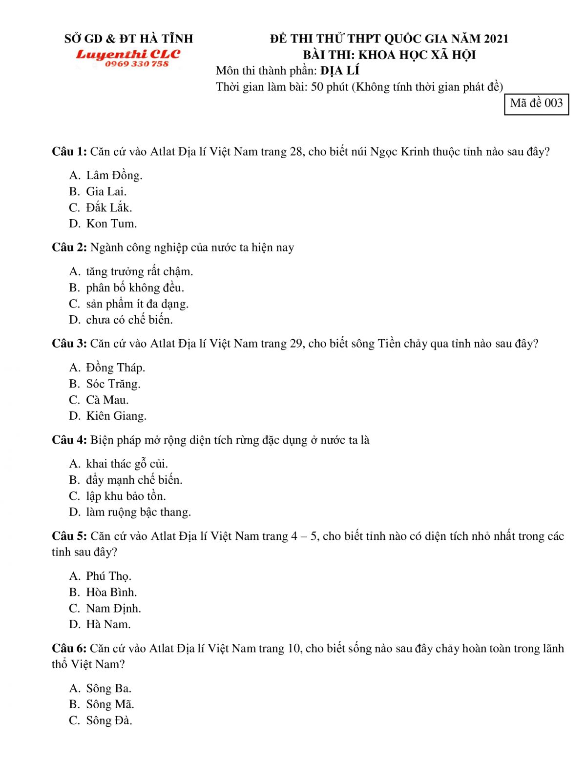 Đề thi thử THPT Quốc Gia môn Địa Lý tỉnh Hà Tĩnh năm 2021