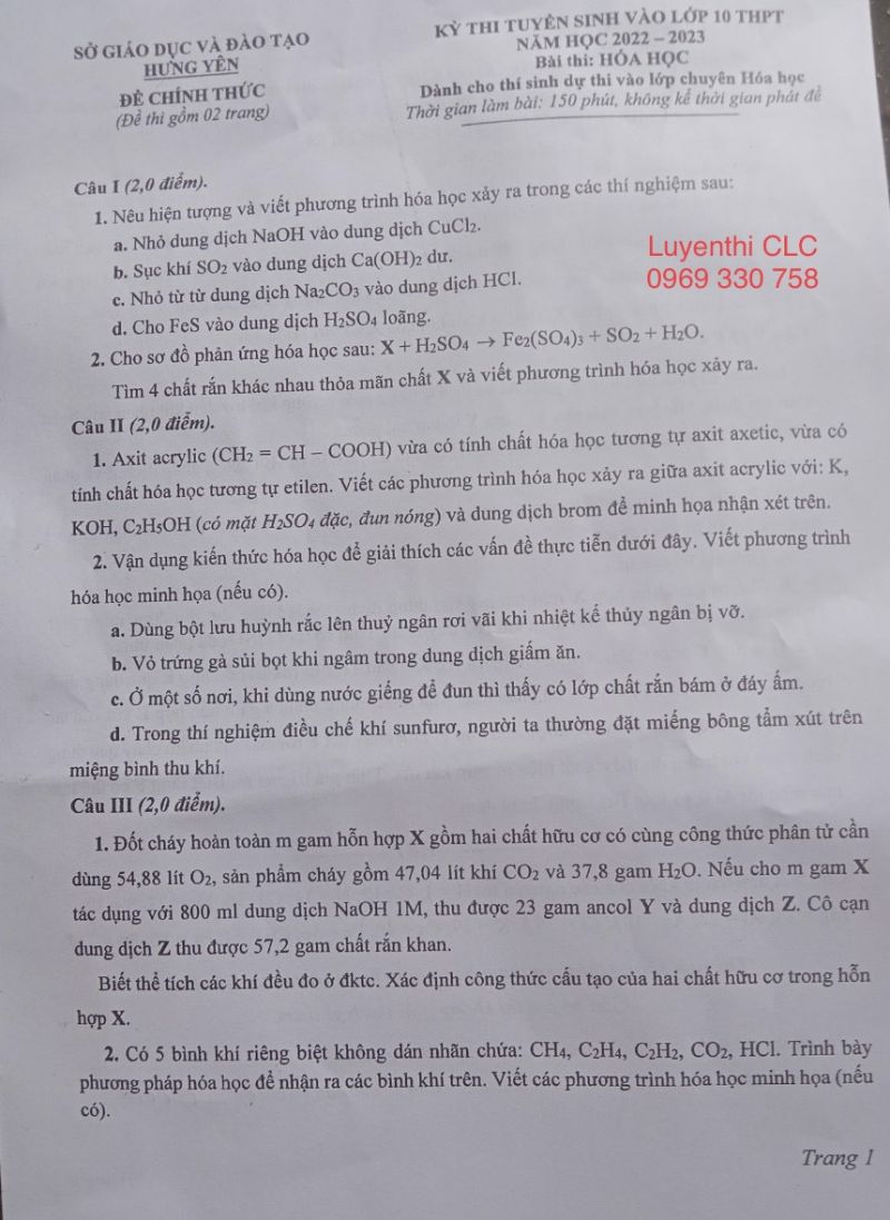Đề thi tuyển sinh vào lớp 10 THPT CHUYÊN môn Hóa Học tỉnh Hưng Yên năm 2022