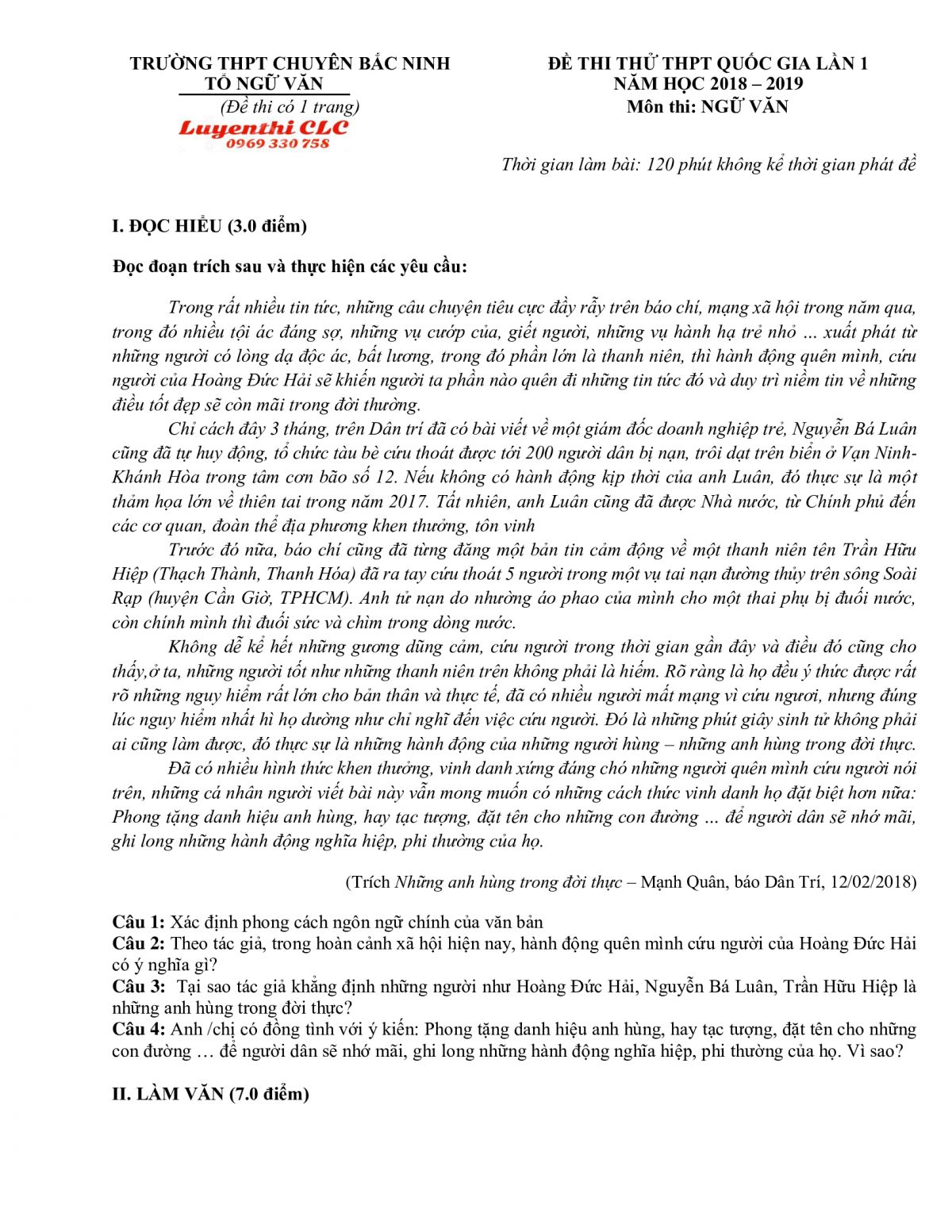 Đề thi thử THPT Quốc Gia lần 1 môn Ngữ Văn Trường THPT CHUYÊN Bắc Ninh năm 2018