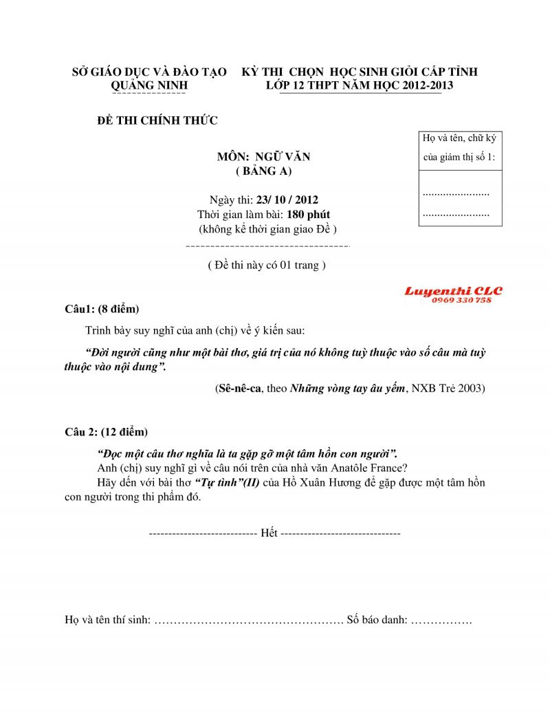 Đề thi chọn HSG cấp tỉnh lớp 12 THPT m&ocirc;n Ngữ Văn tại Hạ Long năm 2012