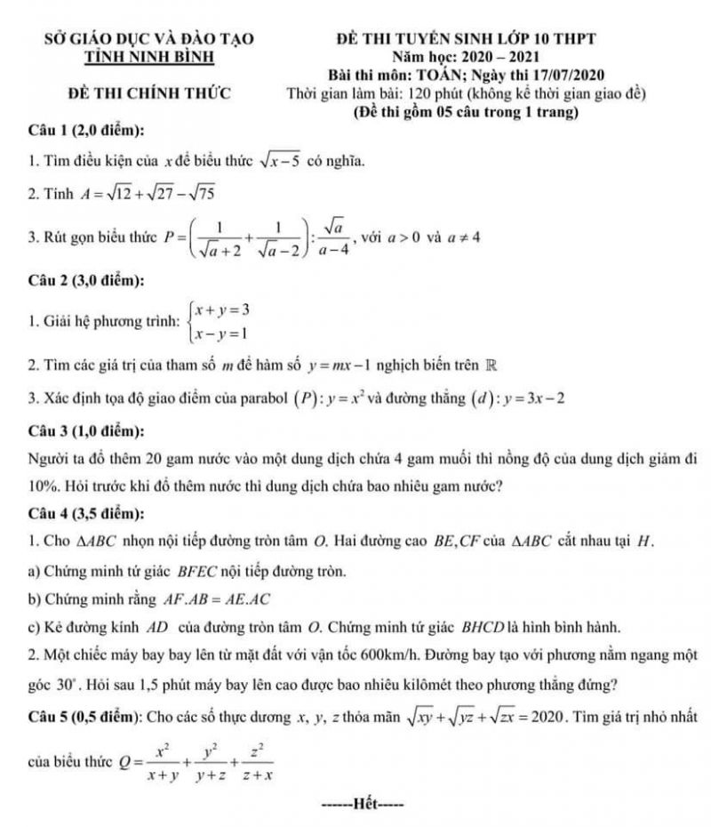 Đề thi tuyển sinh vào lớp 10 THPT và đáp án môn Toán tỉnh Ninh Bình năm 2020
