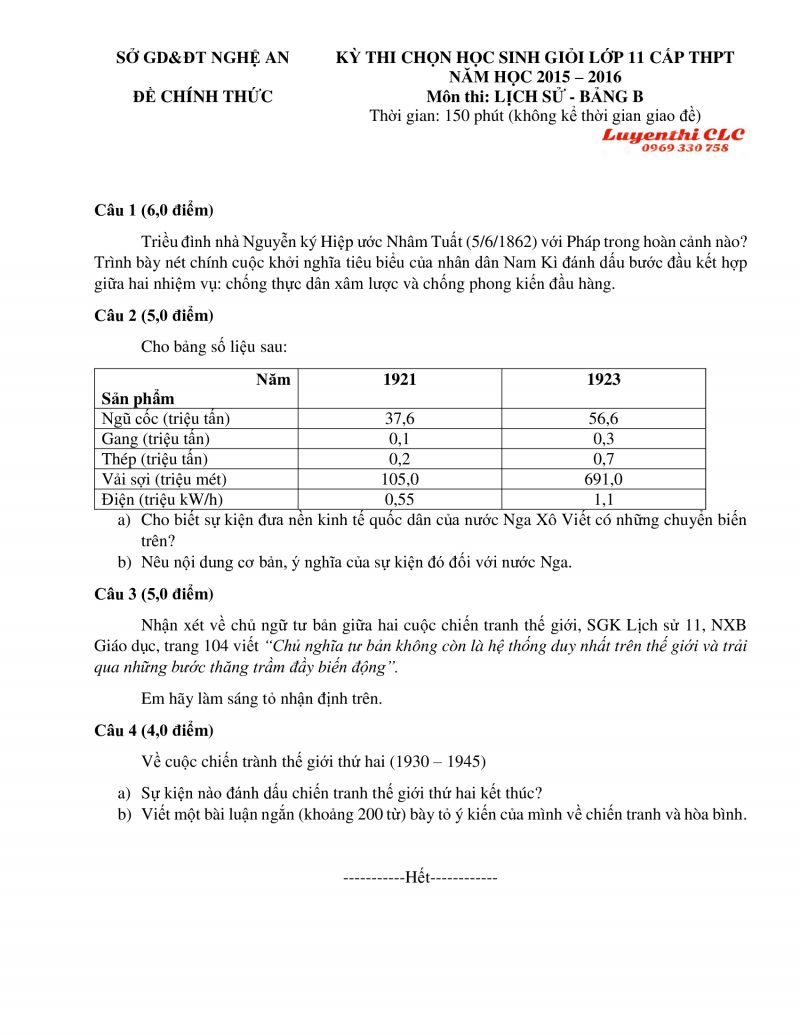 Đề thi chọn HSG lớp 11 THPT môn Lịch Sử - Bảng B tỉnh Nghệ An năm 2016