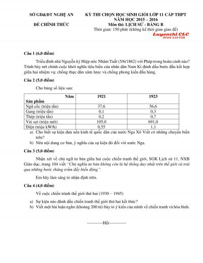 Đề thi chọn HSG lớp 11 THPT môn Lịch Sử - Bảng B tỉnh Nghệ An năm 2016