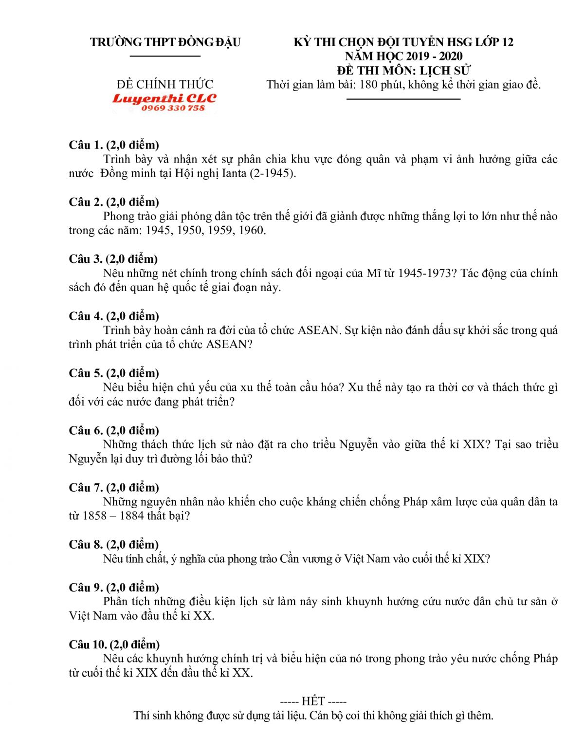 Đề thi chọn đội tuyển HSG lớp 12 môn Lịch Sử Trường THPT Đồng Đậu, tỉnh Vĩnh Phúc năm 2019