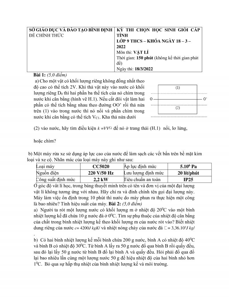 Đề thi chọn HSG môn Vật Lý lớp 9 tỉnh Bình Định năm 2022