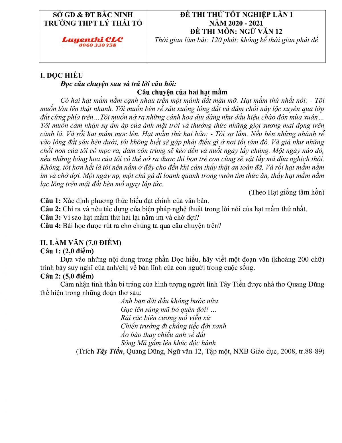 Đề thi thử tốt nghiệp lần 1 môn Ngữ Văn Trường THPT Lý Thái Tổ, tỉnh Bắc Ninh năm 2021