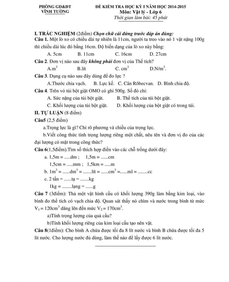 Đề kiểm tra chất lượng học k&igrave; I v&agrave; đ&aacute;p &aacute;n m&ocirc;n Vật l&yacute; 6 huyện Vĩnh Tường năm 2014