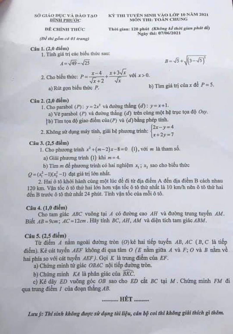 Đề thi tuyển sinh vào lớp 10 THPT môn Toán tỉnh Bình Phước năm 2021