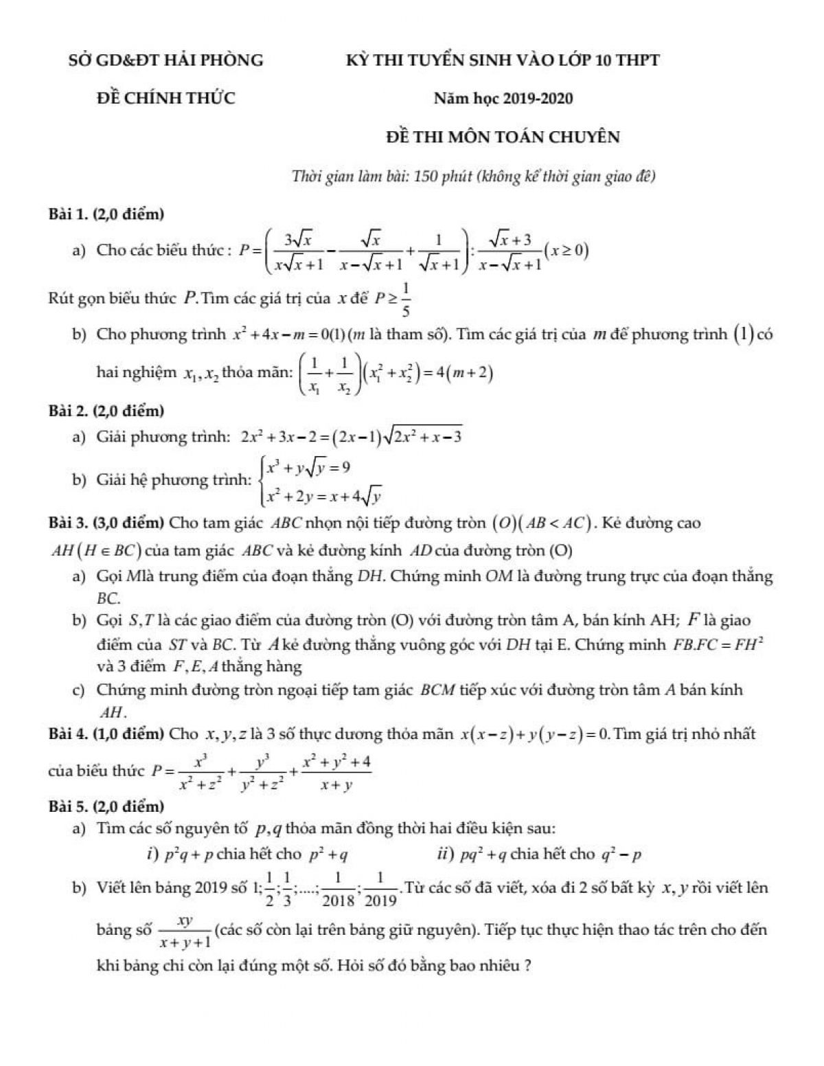 Đề thi tuyển sinh v&agrave;o lớp 10 THPT m&ocirc;n To&aacute;n ( Chuy&ecirc;n ) tại Hải Ph&ograve;ng năm 2020
