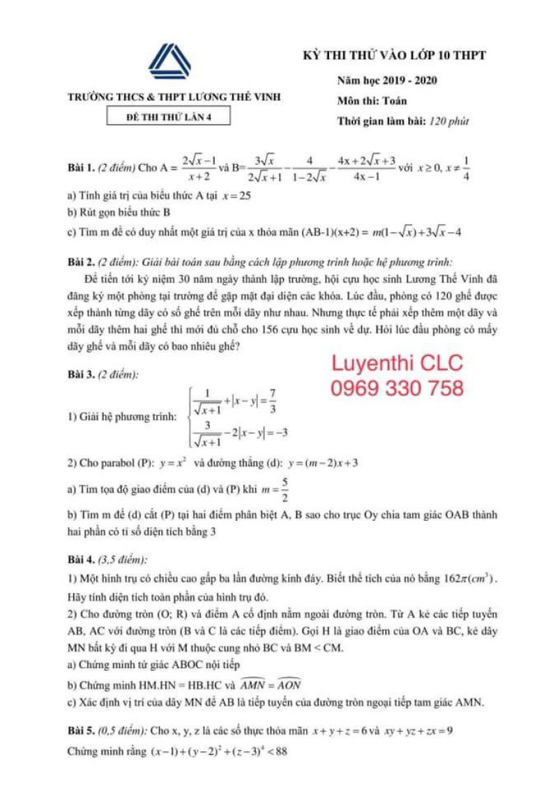 Đề thi thử vào lớp 10 THPT môn Toán Trường THCS &amp; THPT Lương Thế Vinh năm 2019 ( Đề thi thử lần 4)