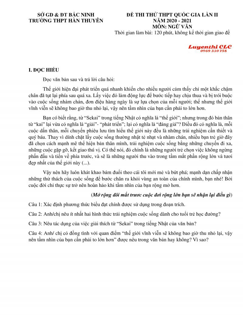 Đề thi thử THPT Quốc Gia lần II môn Ngữ Văn Trường THPT Hàn Thuyên tỉnh Bắc Ninh năm 2020