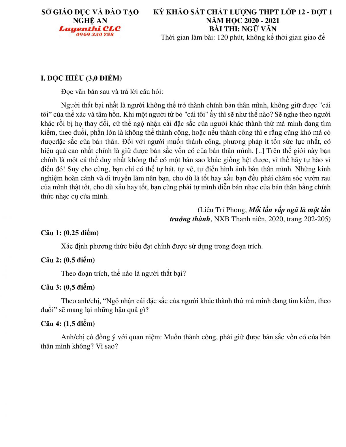 Đề thi khảo sát chất lượng môn Ngữ Văn lớp 12 THPT - Đợt 1 tỉnh Nghệ An năm 2020