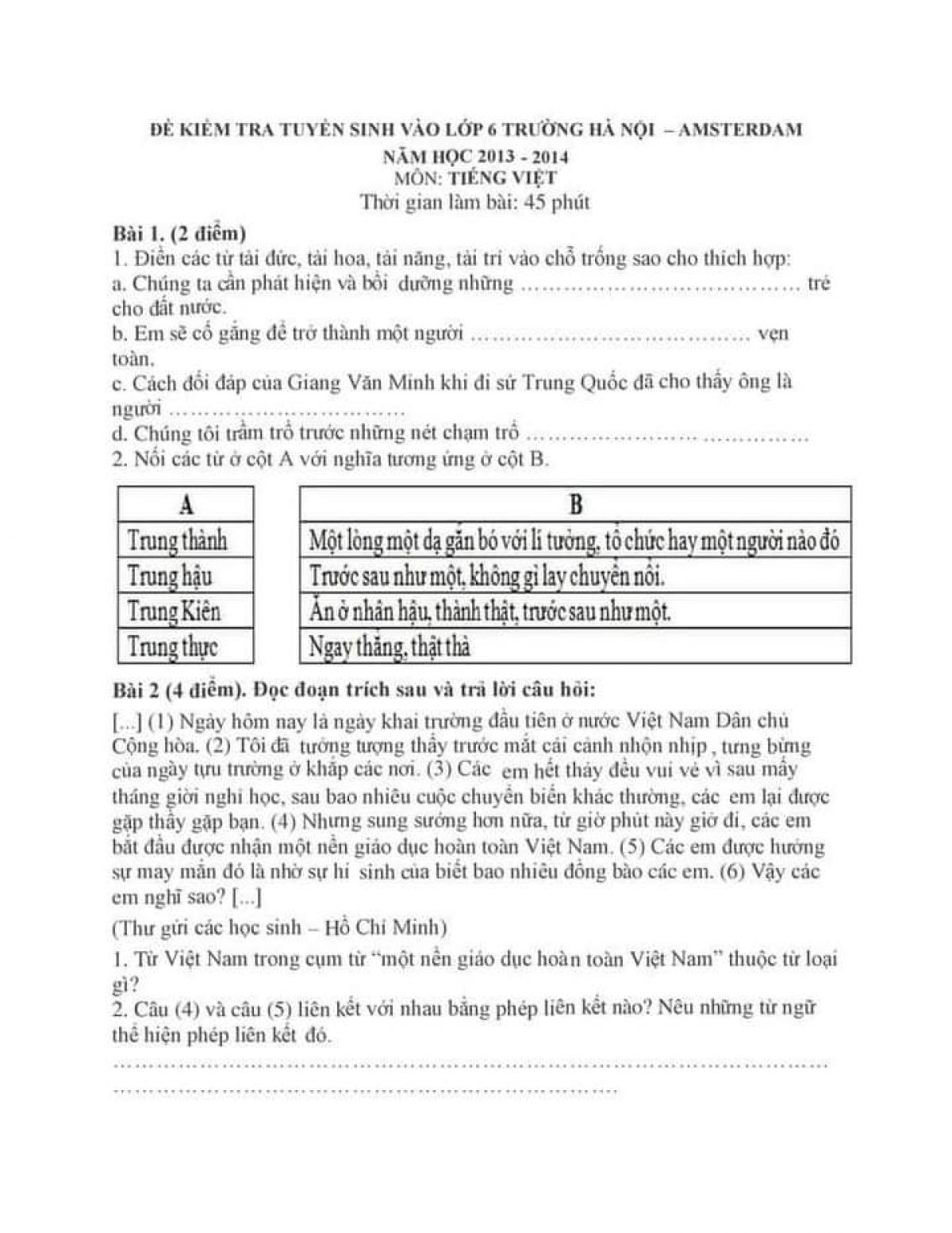 Đề tuyển sinh v&agrave;o lớp 6 m&ocirc;n Tiếng Việt Trường H&agrave; Nội - Amsterdam năm 2014