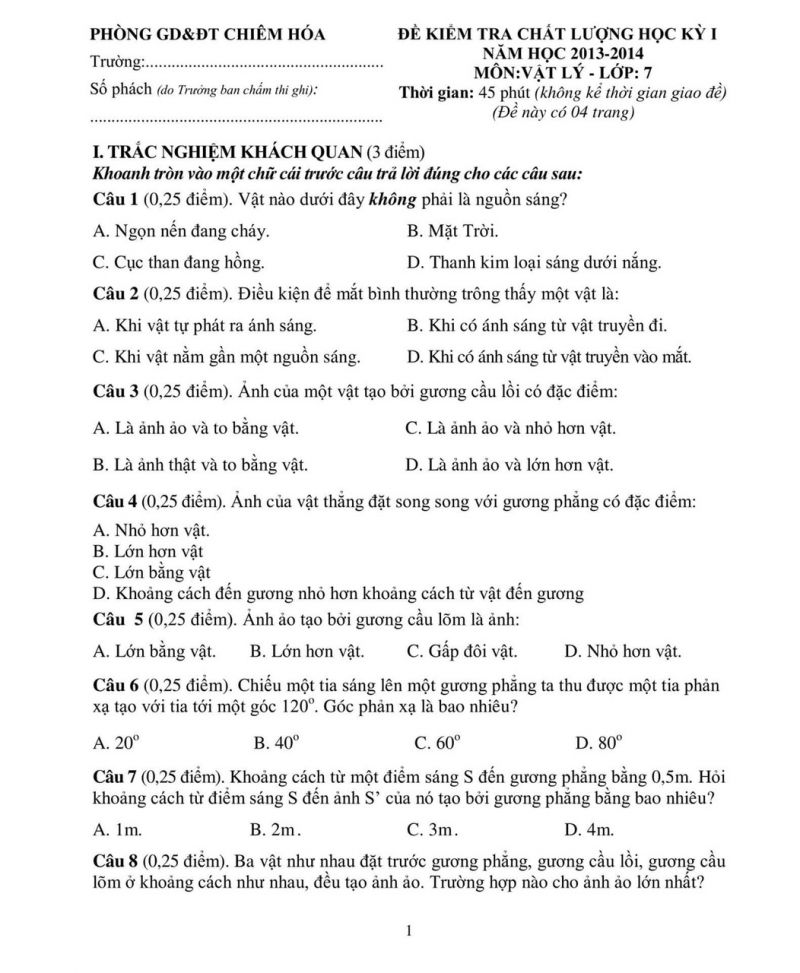 Đề kiểm tra chất lượng học kì I môn Vật lý 7 huyện Chiêm Hóa, tỉnh Tuyên Quang năm 2013