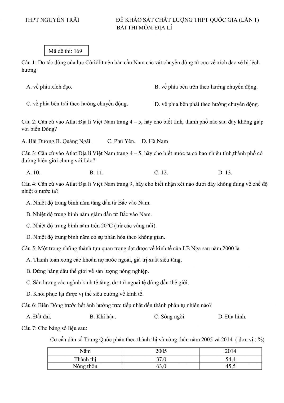 Đề thi khảo s&aacute;t chất lượng THPT Quốc Gia ( lần 1) m&ocirc;n Địa L&yacute; THPT Nguyễn Tr&atilde;i