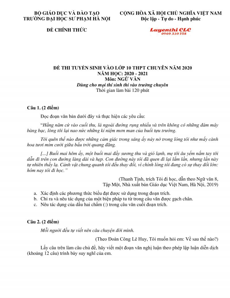Đề thi tuyển sinh vào lớp 10 THPT CHUYÊN môn Ngữ Văn Trường Đại học Sư phạm Hà Nội năm 2020