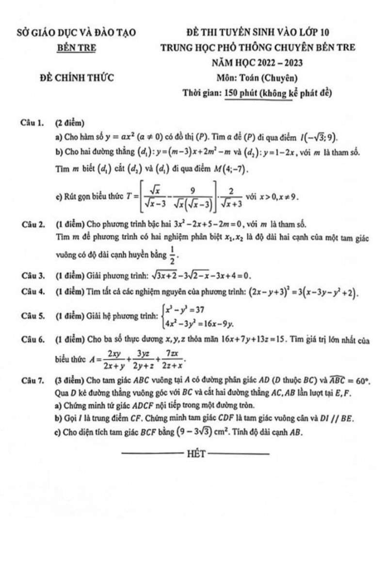 Đề thi tuyển sinh v&agrave;o lớp 10 THPT CHUY&Ecirc;N m&ocirc;n To&aacute;n tỉnh Bến Tre năm 2022