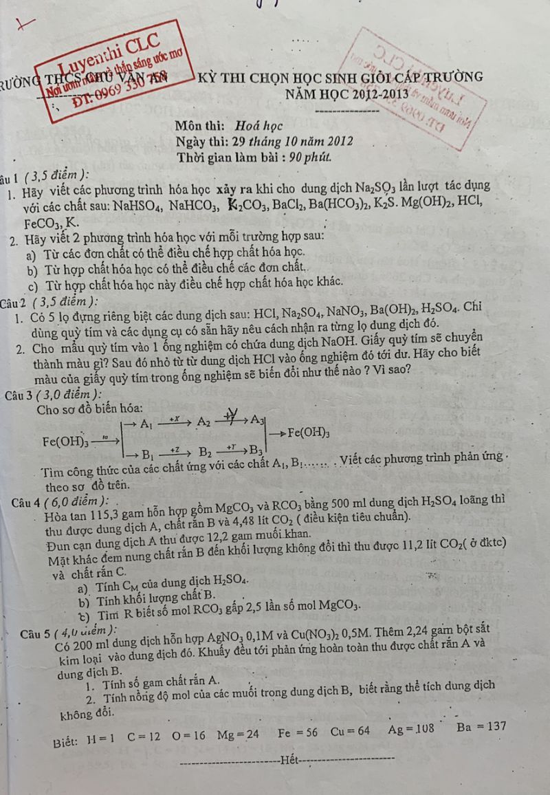 Đề thi chọn HSG cấp trường môn Hóa Học Trường THCS Chu Văn An năm 2012