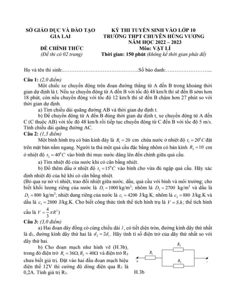 Đề thi tuyển sinh v&agrave;o lớp 10 m&ocirc;n Vật L&iacute; Trường THPT Chuy&ecirc;n H&ugrave;ng Vương tỉnh Gia Lai năm 2023