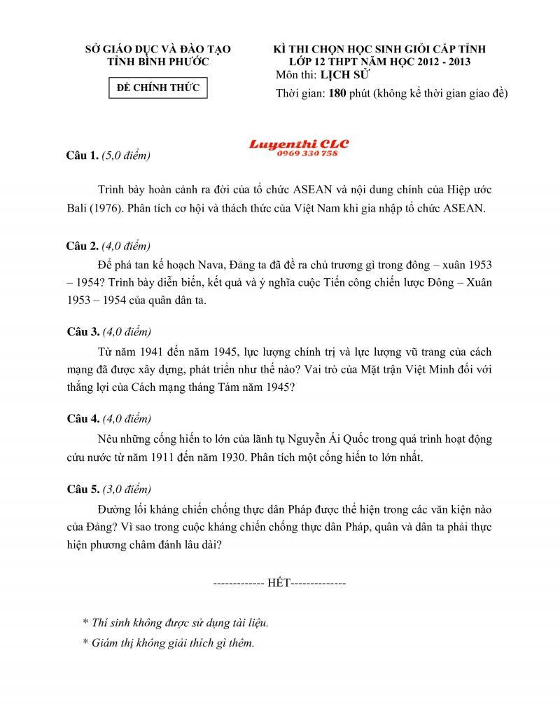 Đề thi chọn HSG cấp tỉnh lớp 12 THPT môn Lịch Sử tỉnh Bình Phước năm 2012