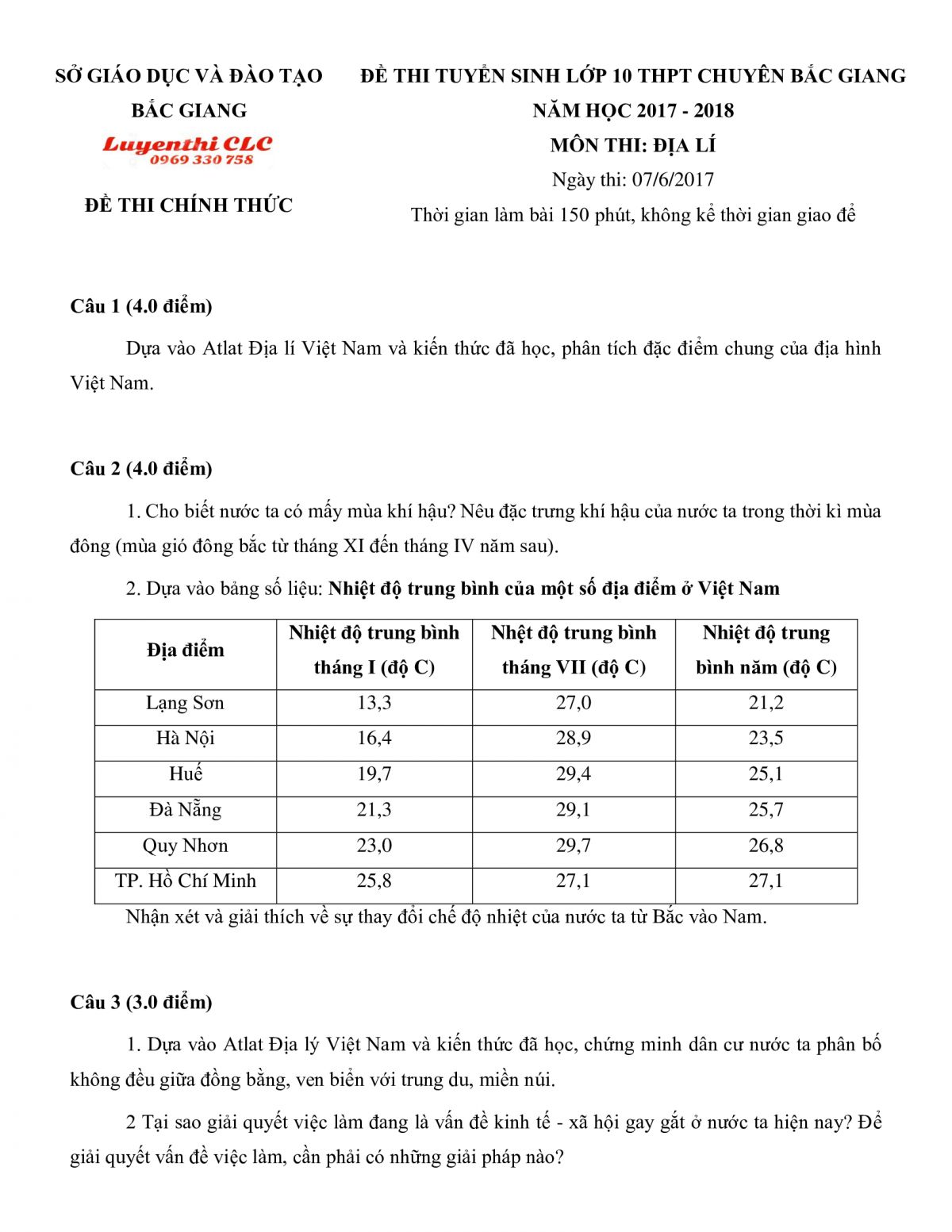 Đề thi tuyển sinh v&agrave;o lớp 10 THPT Chuy&ecirc;n Bắc Giang m&ocirc;n Địa L&iacute; năm 2018