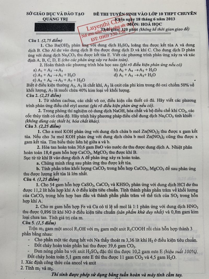 Đề thi tuyển sinh v&agrave;o lớp 10 THPT CHUY&Ecirc;N v&agrave; đ&aacute;p &aacute;n m&ocirc;n H&oacute;a Học tỉnh Quảng Trị năm 2013