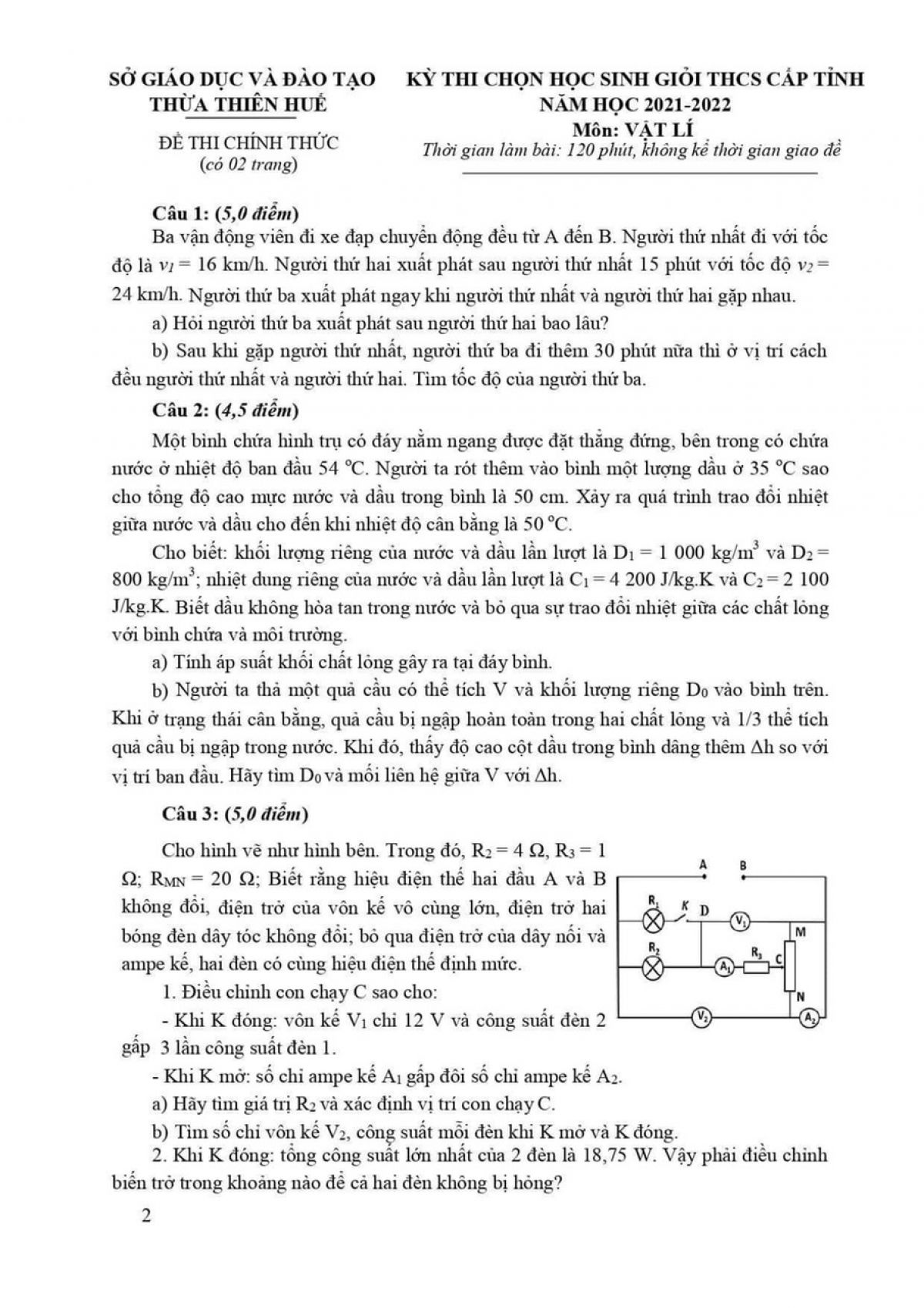Đề thi chọn HSG m&ocirc;n Vật L&iacute; cấp THCS tỉnh Thừa Thi&ecirc;n Huế năm 2022