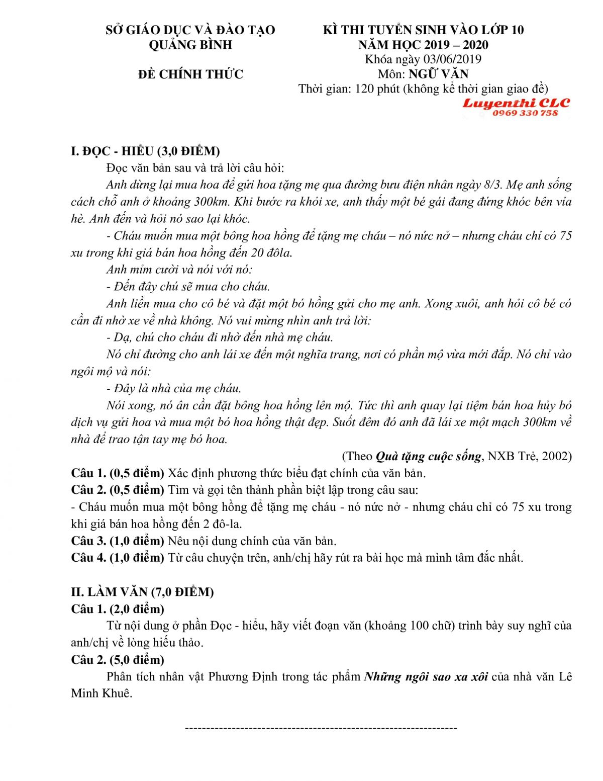 Đề thi tuyển sinh v&agrave;o lớp 10 THPT m&ocirc;n Ngữ Văn tỉnh Quảng B&igrave;nh năm 2019