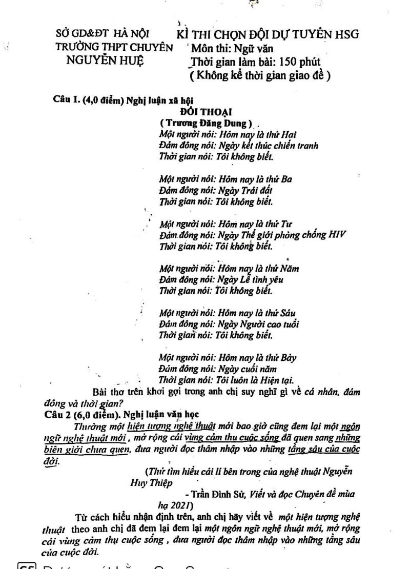 Đề thi chọn đội tuyển HSG trường THPT Chuy&ecirc;n Nguyễn Huệ (H&agrave; Nội)