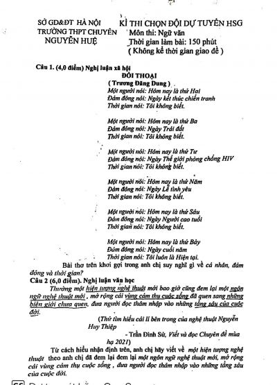 Đề thi chọn đội tuyển HSG trường THPT Chuy&ecirc;n Nguyễn Huệ (H&agrave; Nội)