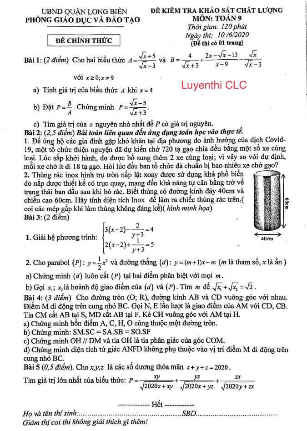 Đề kiểm tra khảo s&aacute;t chất lượng m&ocirc;n To&aacute;n 9 quận Long Bi&ecirc;n năm 2020