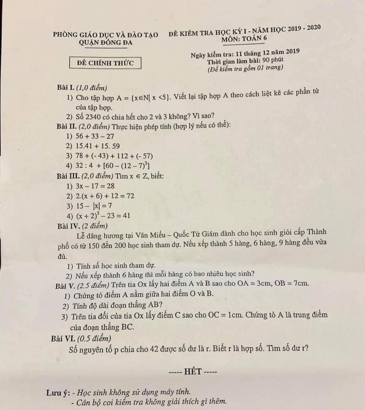Đề kiểm tra học k&igrave; I m&ocirc;n To&aacute;n lớp 6 quận Đống Đa năm 2019