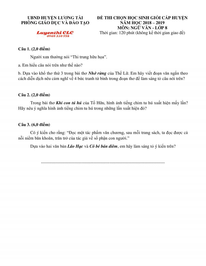 Đề thi chọn HSG m&ocirc;n Ngữ Văn lớp 8 huyện Lương T&agrave;i tỉnh Bắc Ninh năm 2019