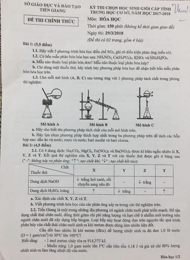 Đề thi chọn HSG m&ocirc;n H&oacute;a Học THCS tỉnh Tiền Giang năm 2018