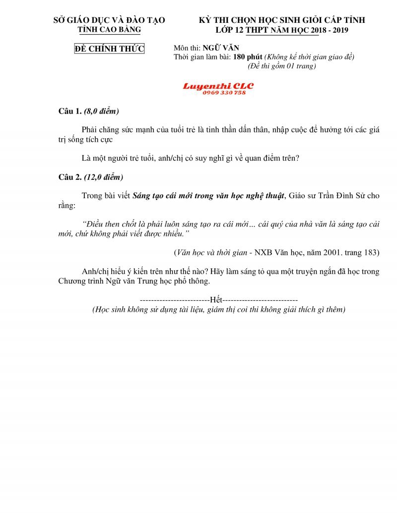 Đề thi chọn HSG cấp tỉnh môn Ngữ Văn lớp 12 tỉnh Cao Bằng năm 2018